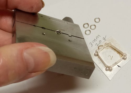 Judy Larson's Broken  AKA Bits and Pieces Dish Jewelry - , Metalwork, Filing, Finishing, Tumbling, Tumble, Tumbling Jewelry, Butane Torch, Soldering, Solder, Design, place jump ring in jig